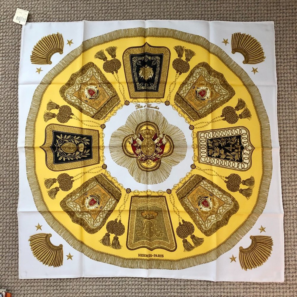 Hermes Paris "Poste et Cavalerie" Silk Scarf Wrap Crest White Gold Burgundy RARE